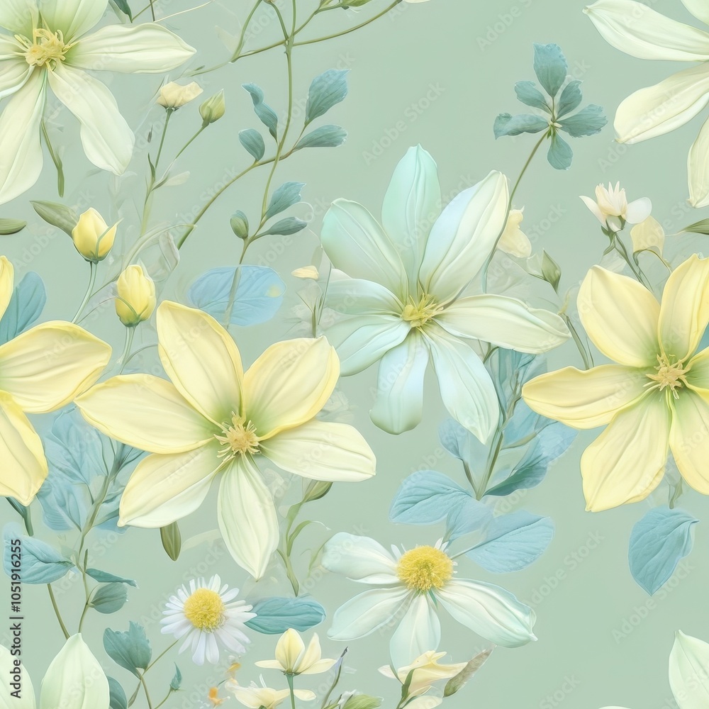 Obraz premium Seamless floral pattern featuring delicate flowers in pastel green, soft yellow, and light blue colors.