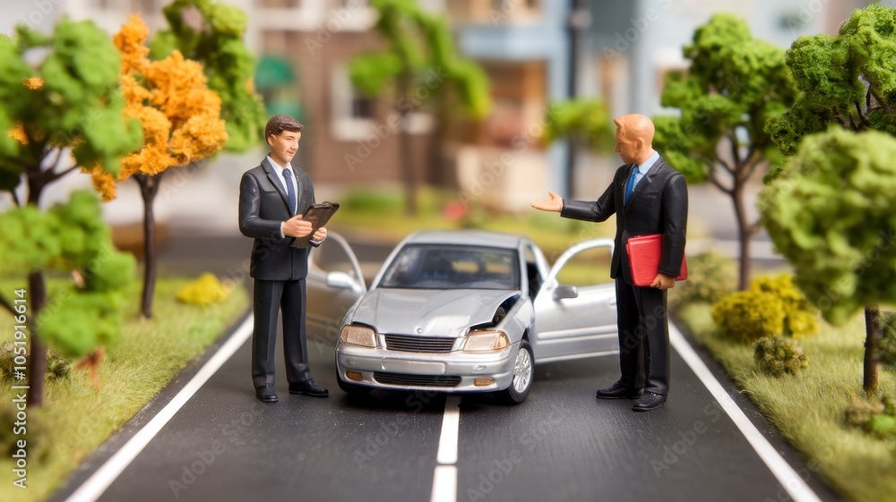 Miniature scene of businessmen discussing near a car on a city street, surrounded by trees and buildings. Miniature scene of businessmen discussing near a car on a city street, surrounded by trees and buildings.