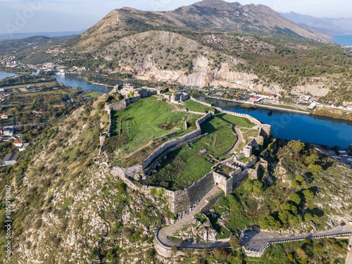 Aerial drone photo of the Rozafa castle in the Albanian city of Shkoder.  photo