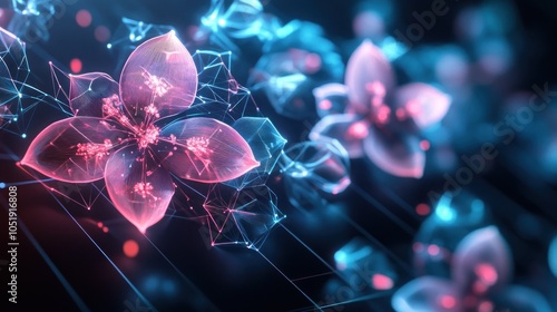 Abstract digital flowers with glowing lines and dots, in pink and blue, on a dark grid background.