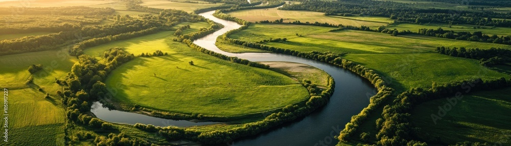 Aerial view of a winding river through lush green fields and trees. Aerial view of a winding river through lush green fields and trees.