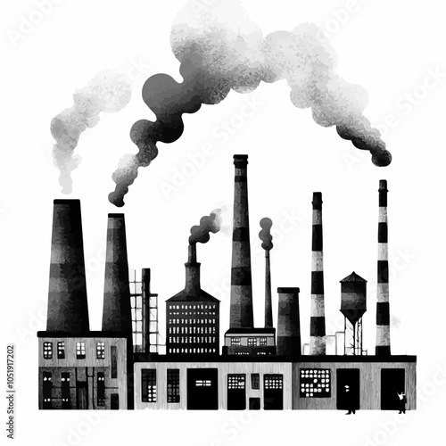 Minimalistic Black and White Vector Illustration of a Manufacturing Facility