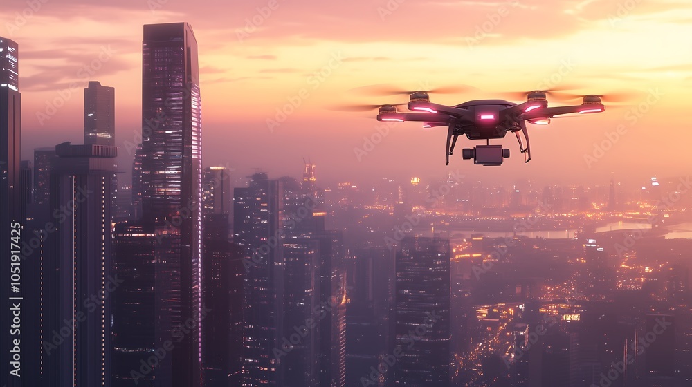 A futuristic delivery drone carrying a package, flying high over a city skyline at sunset, while the sky is a mix of warm and cool colors. A futuristic delivery drone carrying a package, flying high over a city skyline at sunset, while the sky is a mix of warm and cool colors.