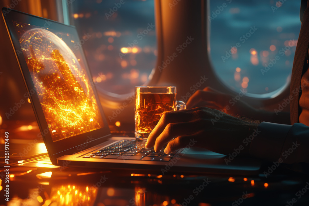 Digital Nomad Working on Flight with Glowing Laptop Digital Nomad Working on Flight with Glowing Laptop