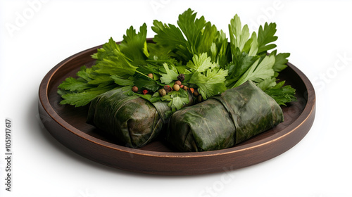 Freshly prepared food wrapped in green leaves, accompanied by vibrant herbs, creates visually appealing and healthy dish. photo