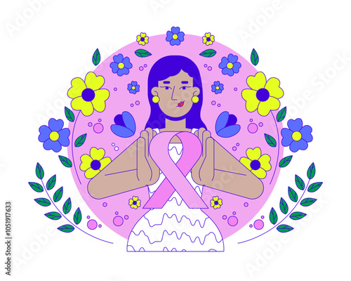 South asian feminist movement of pink ribbon 2D illustration concept. Breast cancer solidarity. Indian young woman femininity cartoon character isolated on white. Metaphor abstract flat vector graphic