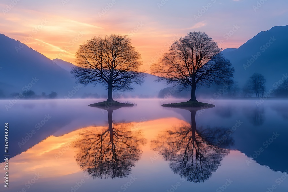 Serene landscape with trees reflecting in calm water.