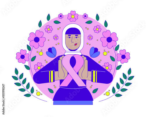 Arab feminist movement of pink ribbon 2D illustration concept. Breast cancer solidarity. Muslim hijab woman femininity cartoon character isolated on white. Metaphor abstract flat vector graphic