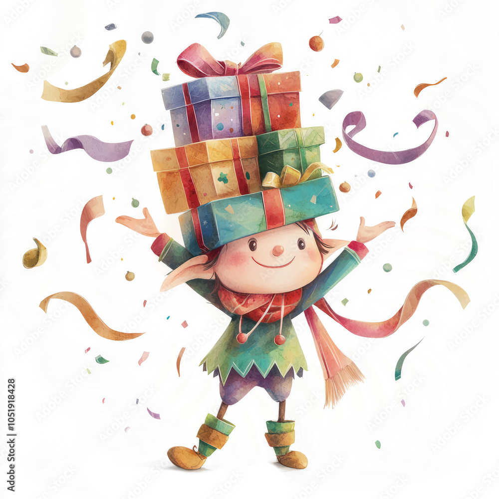 Naklejka premium A mischievous elf character holding a stack of beautifully wrapped presents, with vibrant watercolor ribbons flying around.