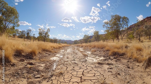Sunbaked Earth: A Dry Creek Bed Under a Summer Sky