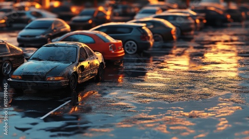 3D concept of a flooded parking lot.
