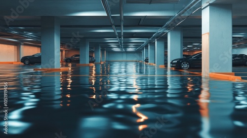 3D concept of a flooded parking lot.
