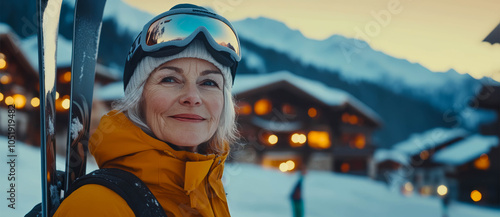 senior woman in winter gear and with skis standing against the backdrop of snow-capped mountains and a resort town photo