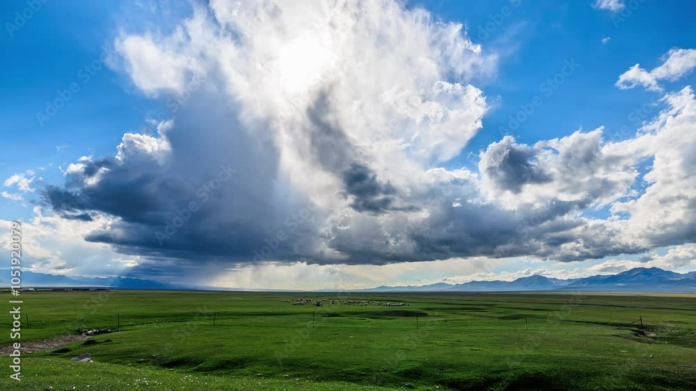 Green grassland and spectacular black sky clouds with sunlight natural landscape before rainstorm. Sheeps grazing on grassland pasture in Xinjiang, China. Green grassland and spectacular black sky clouds with sunlight natural landscape before rainstorm. Sheeps grazing on grassland pasture in Xinjiang, China.