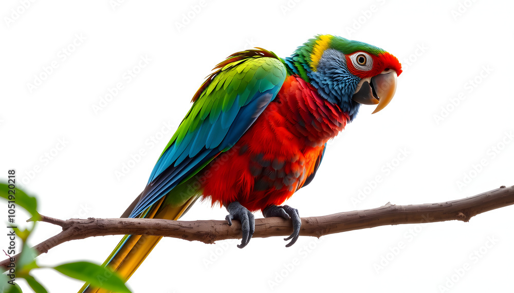 Fototapeta premium Bright parrot on tree branch against white background. Exotic pet isolated with white highlights, png