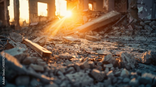 Ruined structures and debris after an earthquake, conflict, or natural disaster in a somber tone,