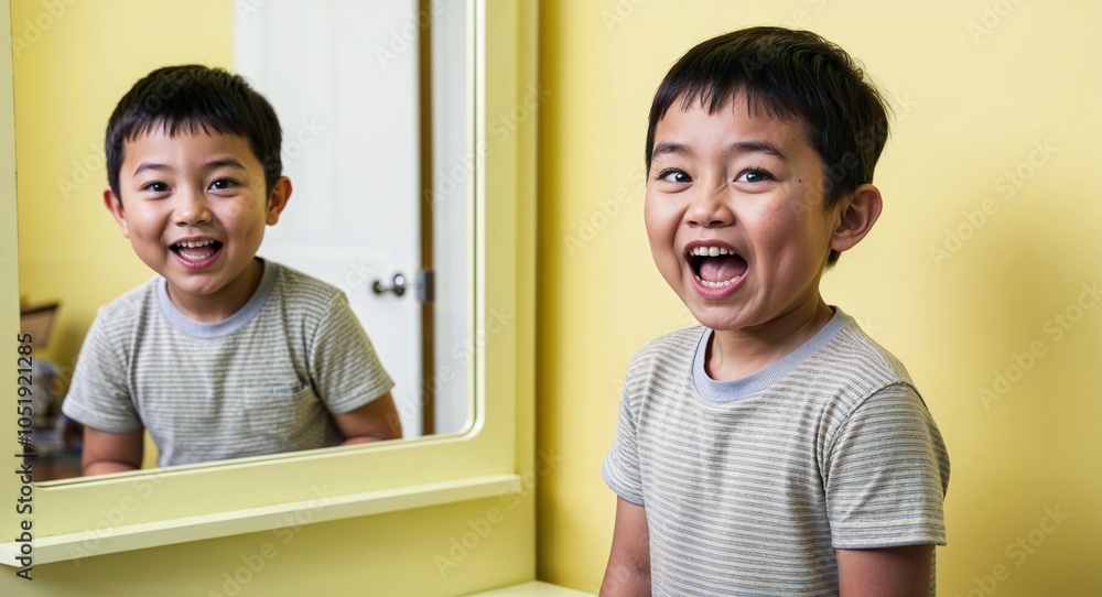 Caucasian boy making funny faces in front of a mirror playful demeanor casual clothes solid light yellow background chubby build child Caucasian boy making funny faces in front of a mirror playful demeanor casual clothes solid light yellow background chubby build child