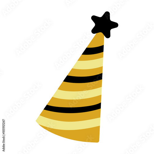 A yellow and black striped hat with a star on top. The hat is tilted to the left