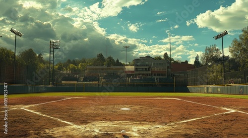 Softball resting on a sandy field.
 photo