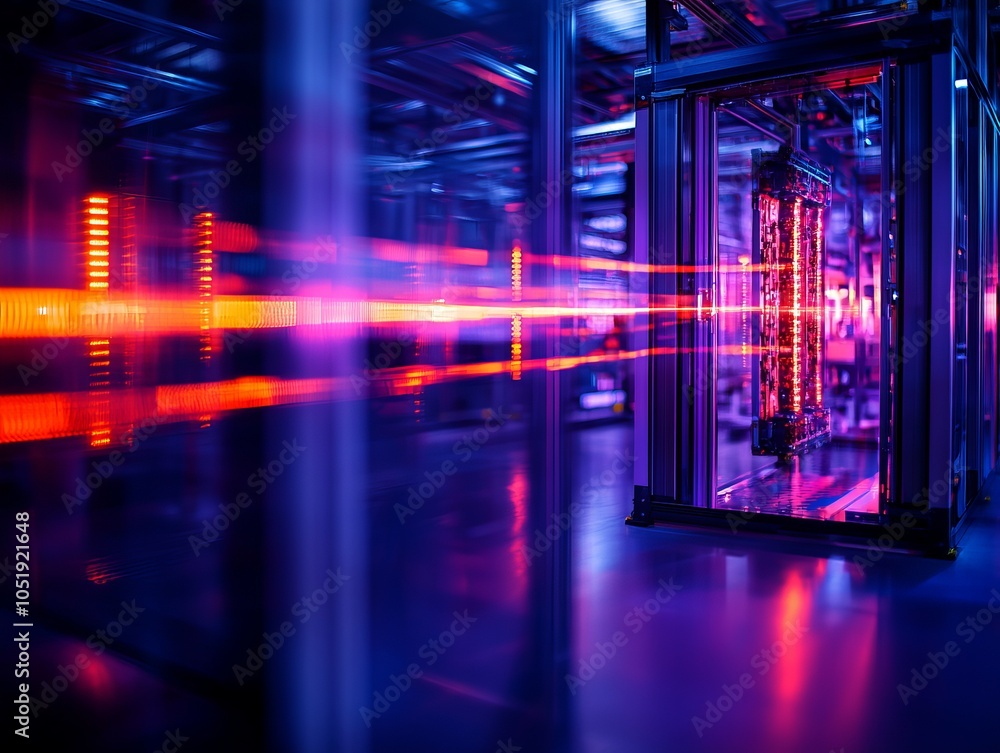 Fototapeta premium Futuristic data center with vibrant lights, showcasing advanced technology and a high-tech atmosphere for digital innovation.