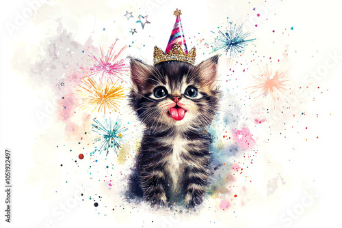 A cute kitten in a tiara blows a festive horn in anticipation of the New Year. photo