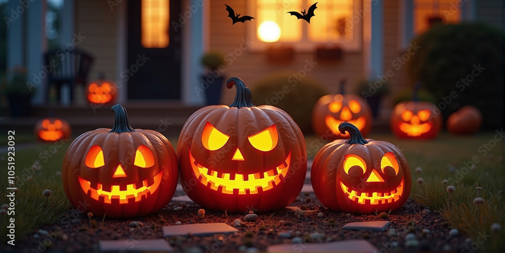 Obraz premium House decorated with spooky Halloween decorations, pumpkin faces and bats, helloween and thanksgiving tradition