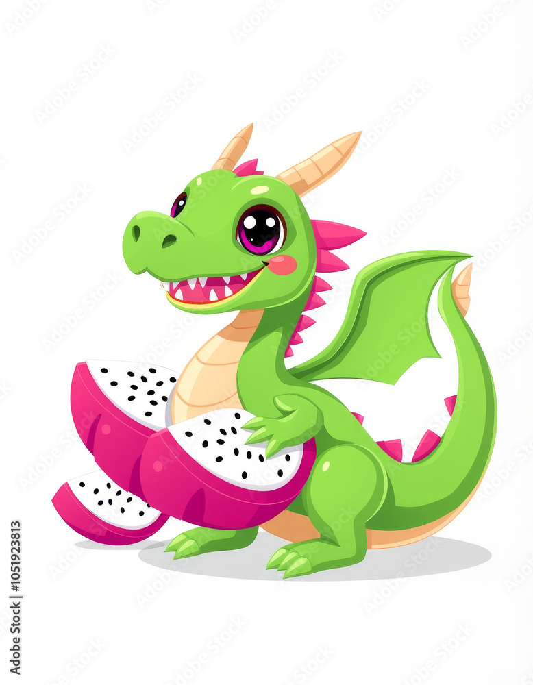 Adorable cartoon dragon eating dragon fruit illustration for kids' themes Adorable cartoon dragon eating dragon fruit illustration for kids' themes