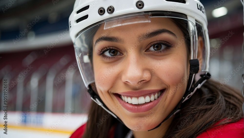 Smiling young woman wearing a hockey helmet on an ice rink, exuding confidence and enthusiasm. Smiling young woman wearing a hockey helmet on an ice rink, exuding confidence and enthusiasm.