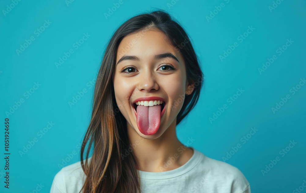 Joyful Young Woman Playfully Sticking Out Her Tongue Against a Blue Background Joyful Young Woman Playfully Sticking Out Her Tongue Against a Blue Background