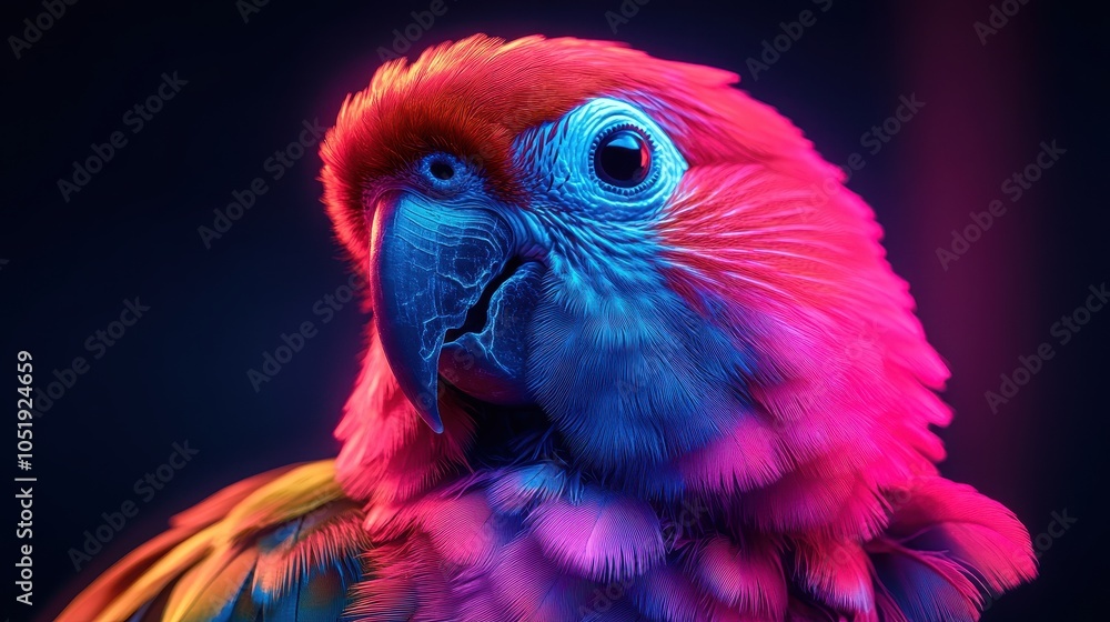 Obraz premium Close-up portrait of a wild animal with blue and pink neon lights. An exotic and rare parrot that can speak.