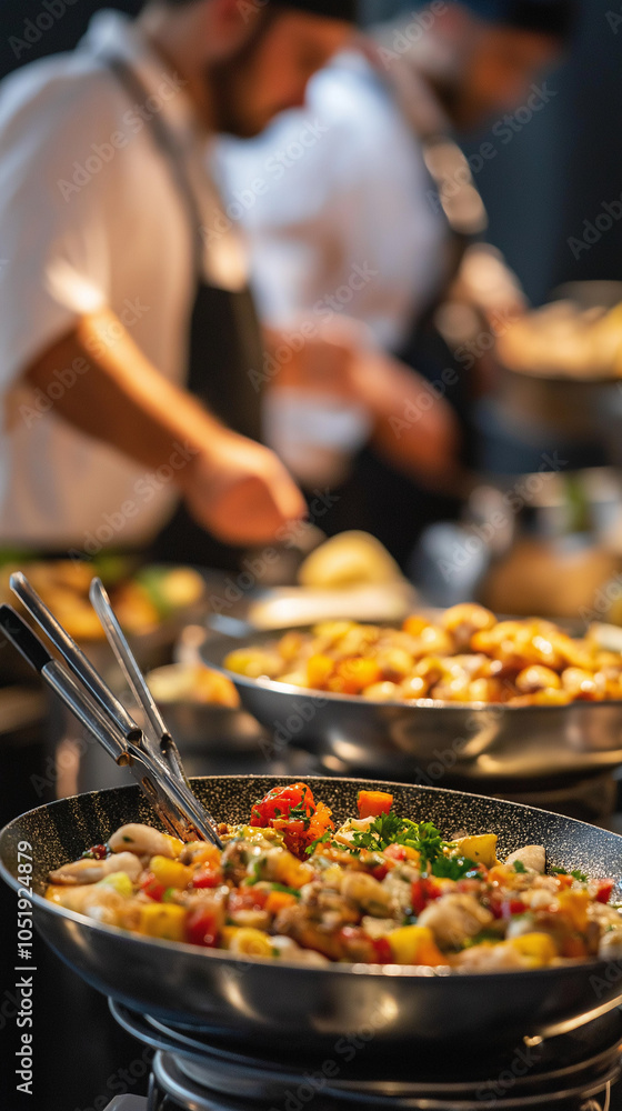 Obraz premium Chef preparing salad at buffet table during event