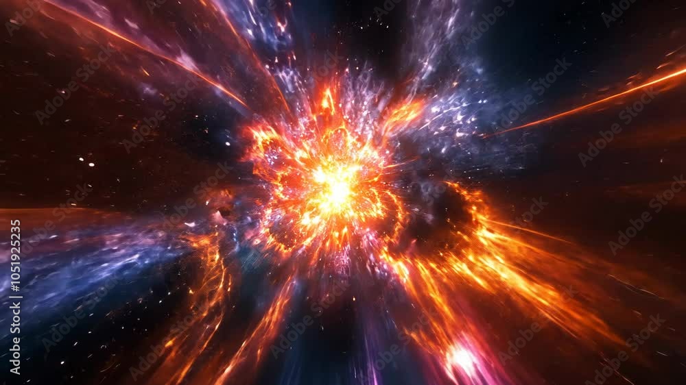 A bright, fiery explosion fills the space with streaks of orange and red against a backdrop of dark blue and scattered stars A bright, fiery explosion fills the space with streaks of orange and red against a backdrop of dark blue and scattered stars