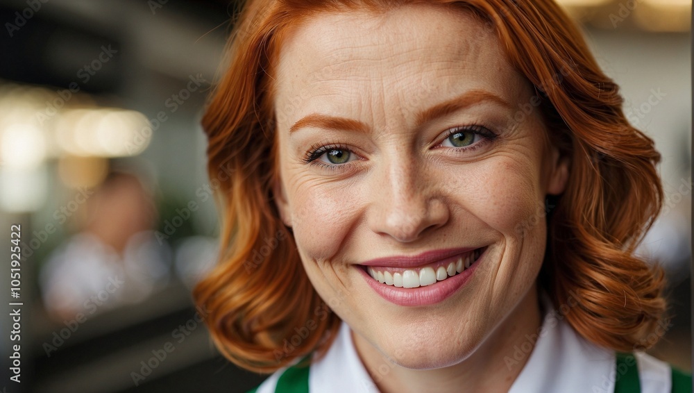 Smiling Caucasian woman with red hair in a close-up portrait, exuding warmth and happiness in a bright setting. Smiling Caucasian woman with red hair in a close-up portrait, exuding warmth and happiness in a bright setting.