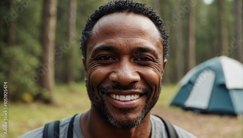 Smiling African American man enjoying a day of camping in the forest with a tent visible in the background.