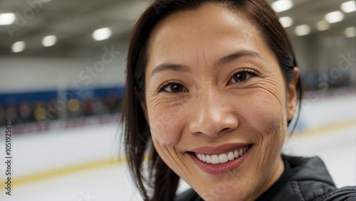 Smiling Asian woman at ice rink, exuding joy and confidence in a vibrant sports setting.