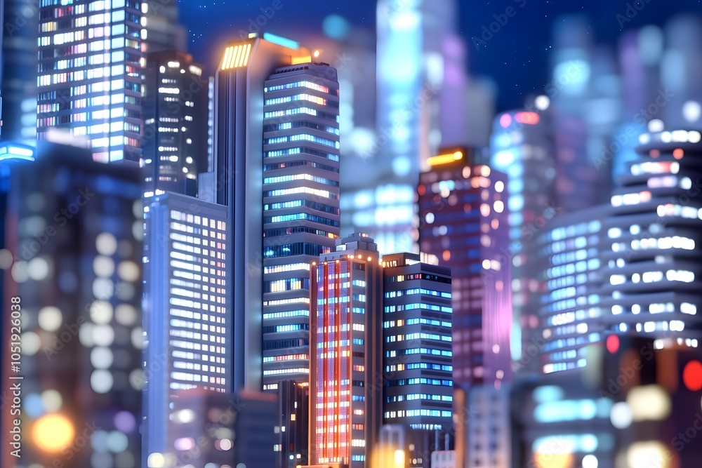 A cityscape of tall buildings, each building painted in different colors like reds and blues, against the night sky A cityscape of tall buildings, each building painted in different colors like reds and blues, against the night sky