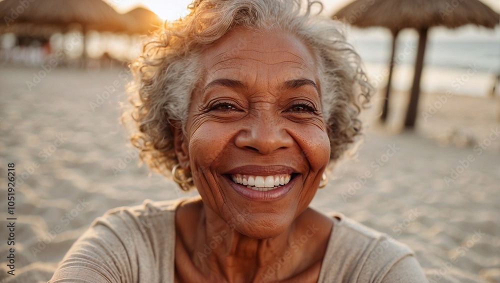 Joyful African American elderly woman enjoying a sunset on a sandy beach. Joyful African American elderly woman enjoying a sunset on a sandy beach.