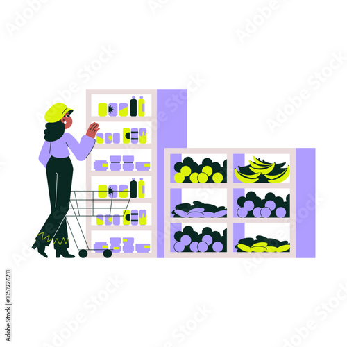 Grocery shopping with woman selecting items from store shelves, flat vector illustration symbolizing food shopping, healthy eating, and retail, isolated on white background