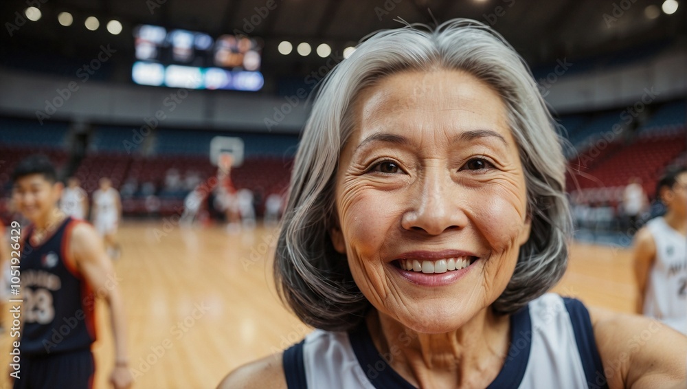 Smiling elderly Asian woman enjoying a basketball game in a lively indoor stadium. Smiling elderly Asian woman enjoying a basketball game in a lively indoor stadium.