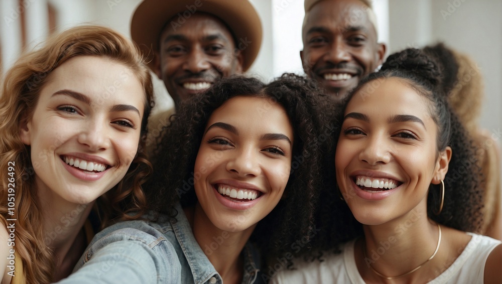 Diverse group of friends smiling joyfully, showcasing happiness and friendship. Diverse group of friends smiling joyfully, showcasing happiness and friendship.