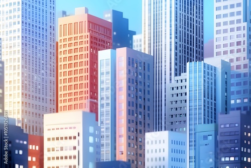 A cityscape of tall buildings, each building painted in different colors like reds and blues, against the night sky