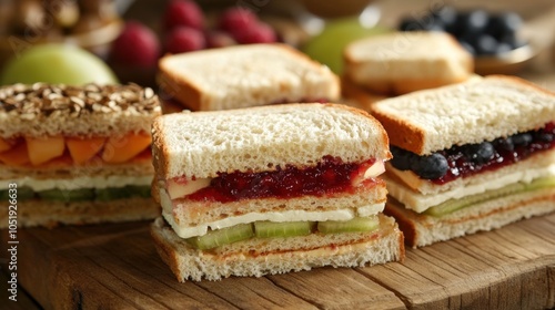 Wallpaper Mural Assorted fruit and jam sandwiches on a wooden surface, showcasing vibrant, fresh ingredients. Torontodigital.ca