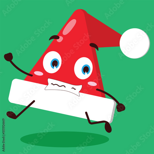 cute terrified running expression of Santa Clause hat character