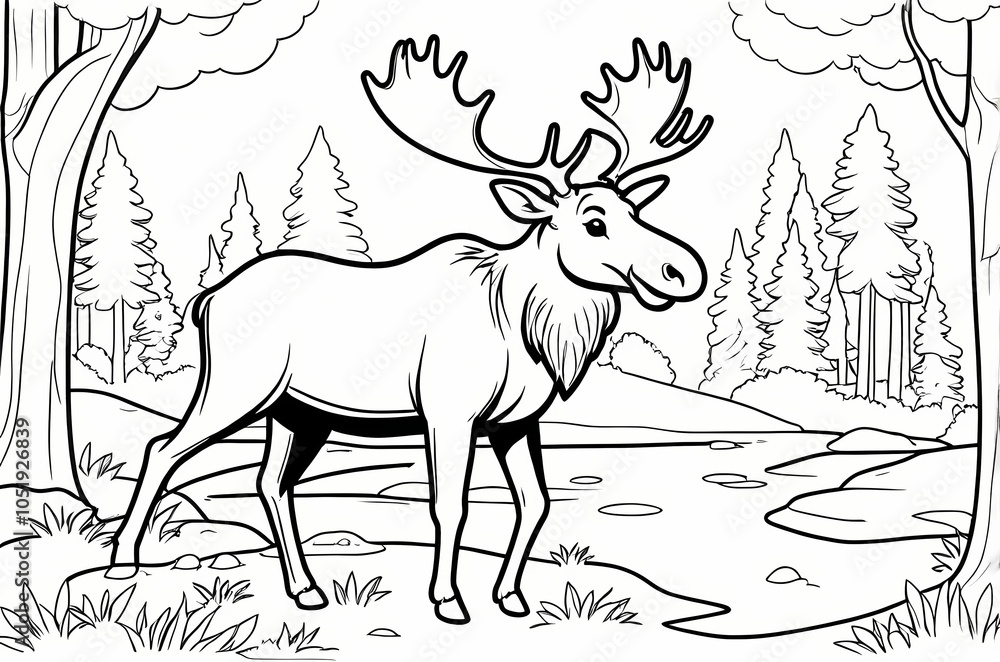 Fototapeta premium A forest scene coloring page with a moose. Perfect for children's coloring books