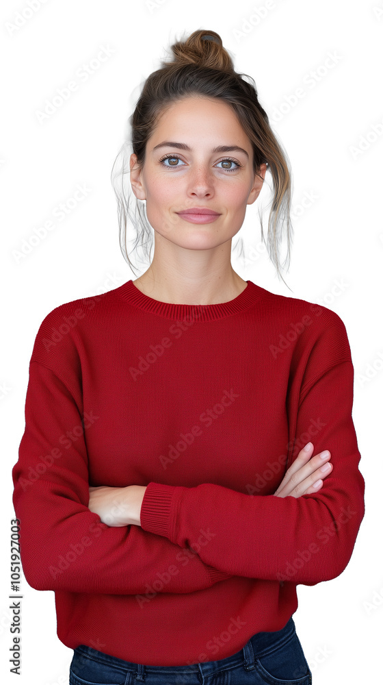 Confident woman in red sweater with arms crossed on transparent background, stylish and modern look Confident woman in red sweater with arms crossed on transparent background, stylish and modern look