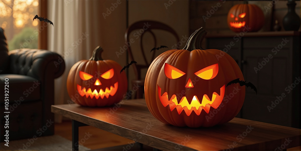 Obraz premium House decorated with spooky Halloween decorations, pumpkin faces and bats, helloween and thanksgiving tradition