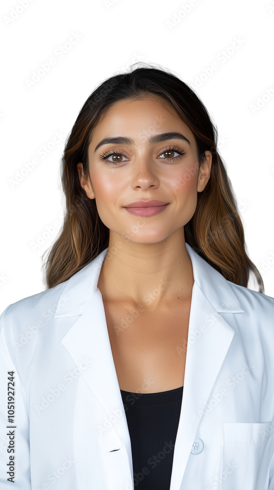Confident woman wearing white medical coat on transparent background, professional look