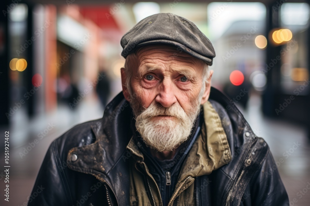 Portrait of an old man with a gray beard and a cap on the street Portrait of an old man with a gray beard and a cap on the street