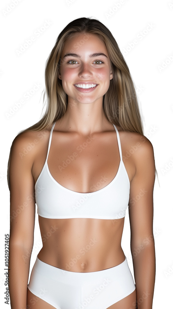 Smiling woman in white sportswear on transparent background, active and fit look Smiling woman in white sportswear on transparent background, active and fit look