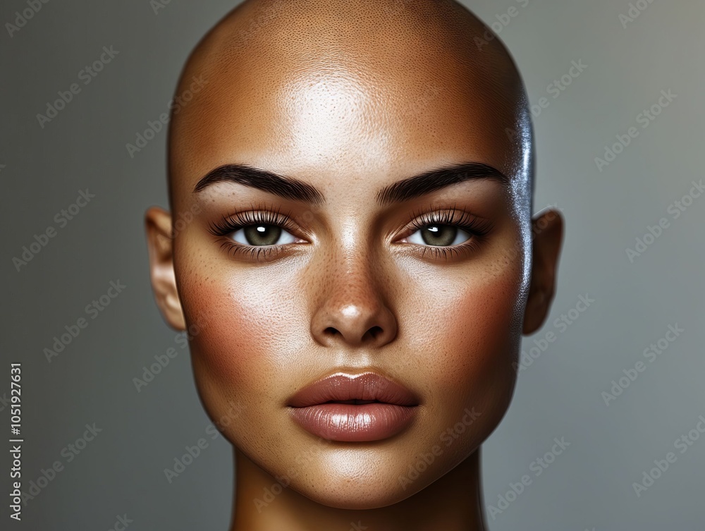A woman with a bald head and brown eyes A woman with a bald head and brown eyes